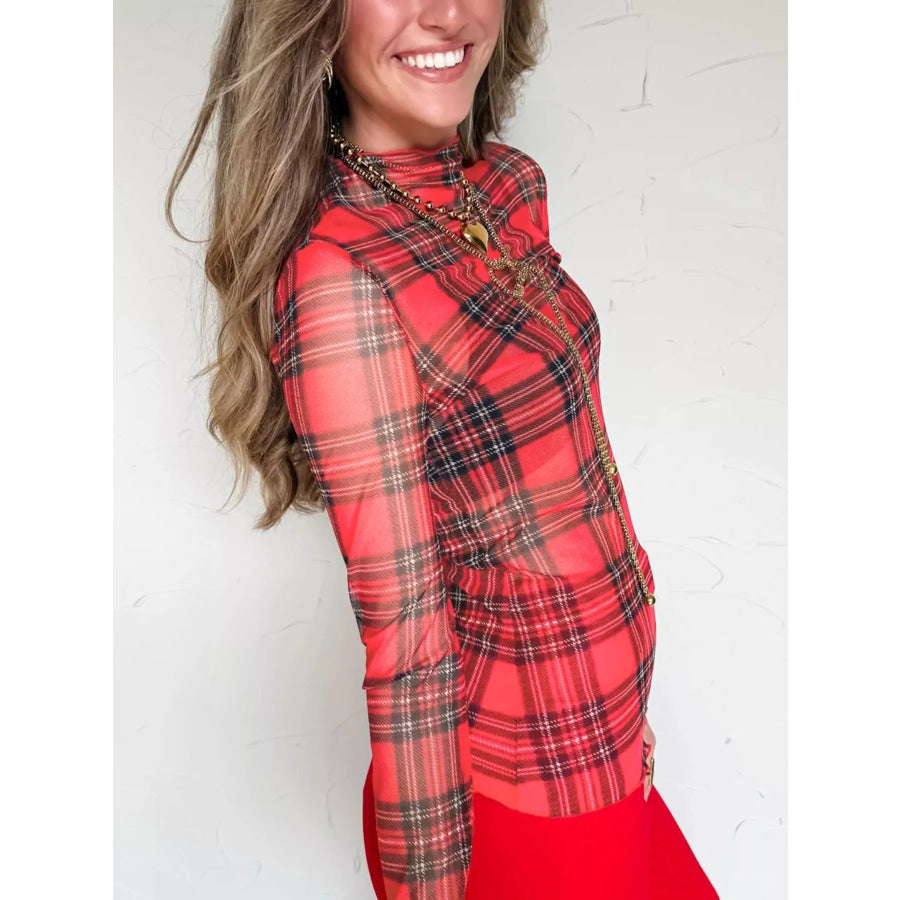 Sheer Plaid Mock Neck Long Sleeve Blouse Apparel and Accessories