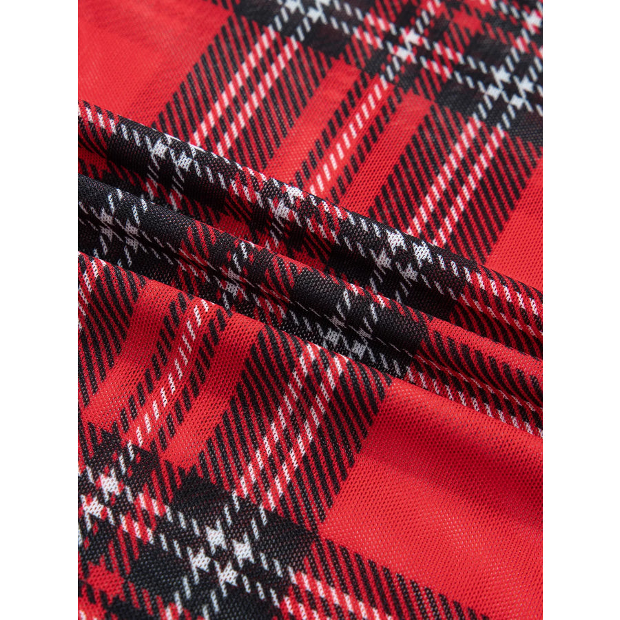 Sheer Plaid Mock Neck Long Sleeve Blouse Apparel and Accessories