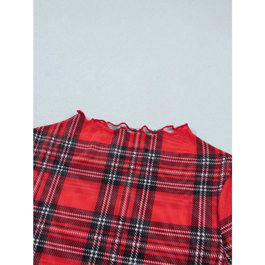 Sheer Plaid Mock Neck Long Sleeve Blouse Apparel and Accessories
