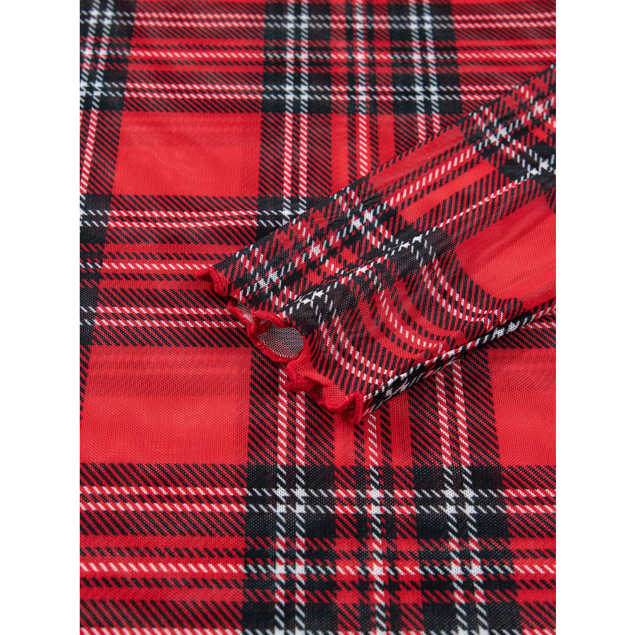 Sheer Plaid Mock Neck Long Sleeve Blouse Apparel and Accessories