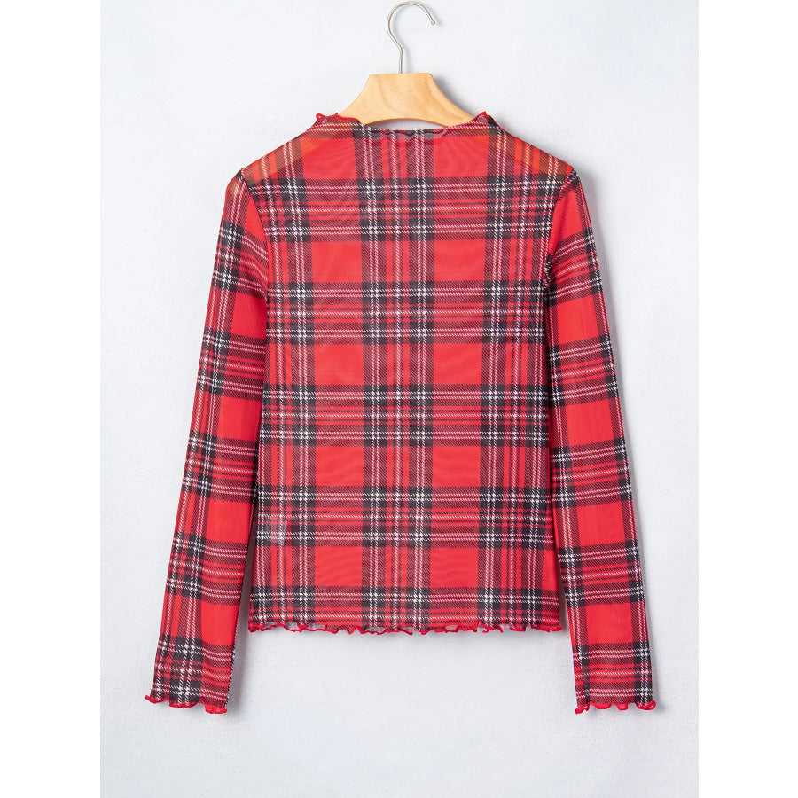 Sheer Plaid Mock Neck Long Sleeve Blouse Apparel and Accessories