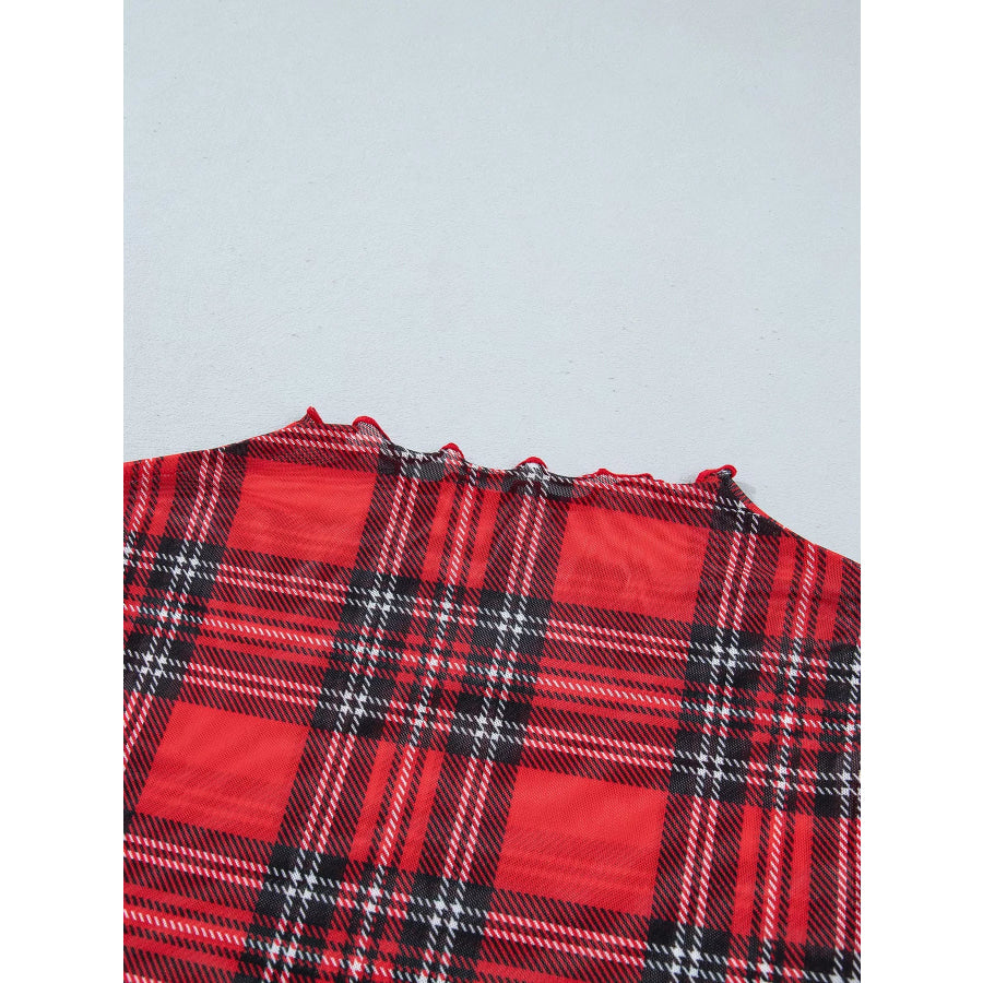 Sheer Plaid Mock Neck Long Sleeve Blouse Apparel and Accessories