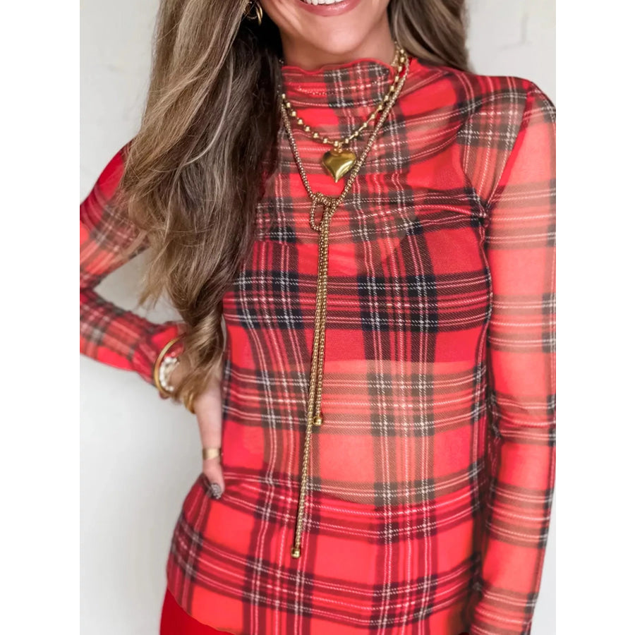 Sheer Plaid Mock Neck Long Sleeve Blouse Deep Rose / S Apparel and Accessories