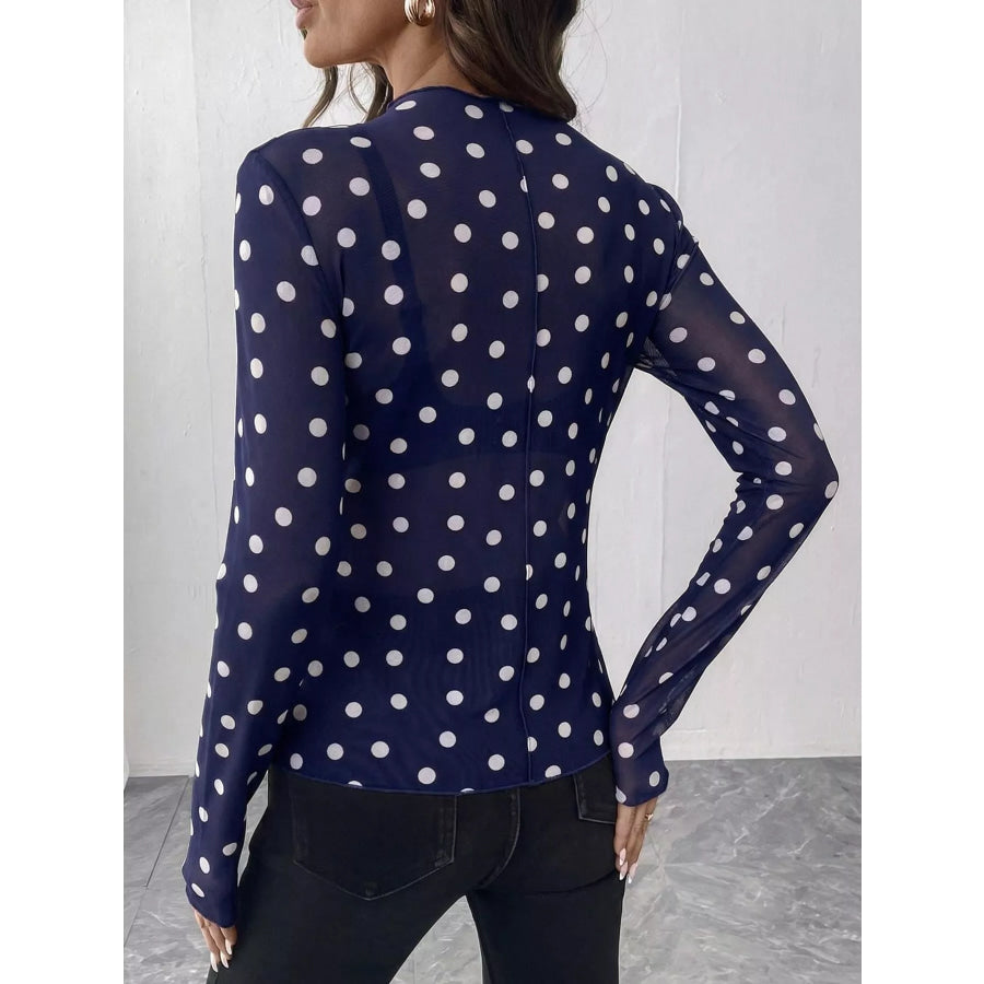 Sheer Polka Dot Long Sleeve Mock Neck Top Apparel and Accessories