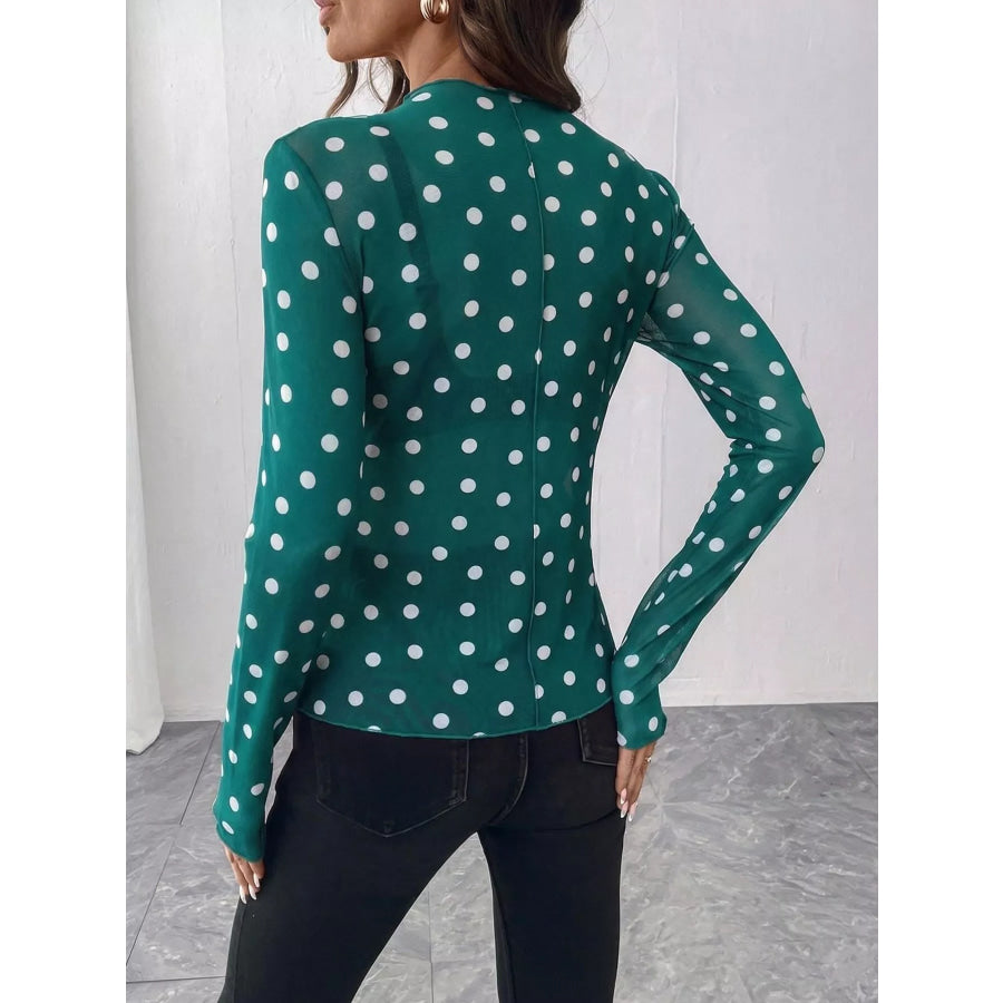 Sheer Polka Dot Long Sleeve Mock Neck Top Apparel and Accessories