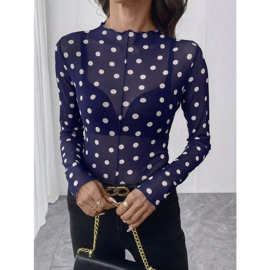 Sheer Polka Dot Long Sleeve Mock Neck Top Apparel and Accessories