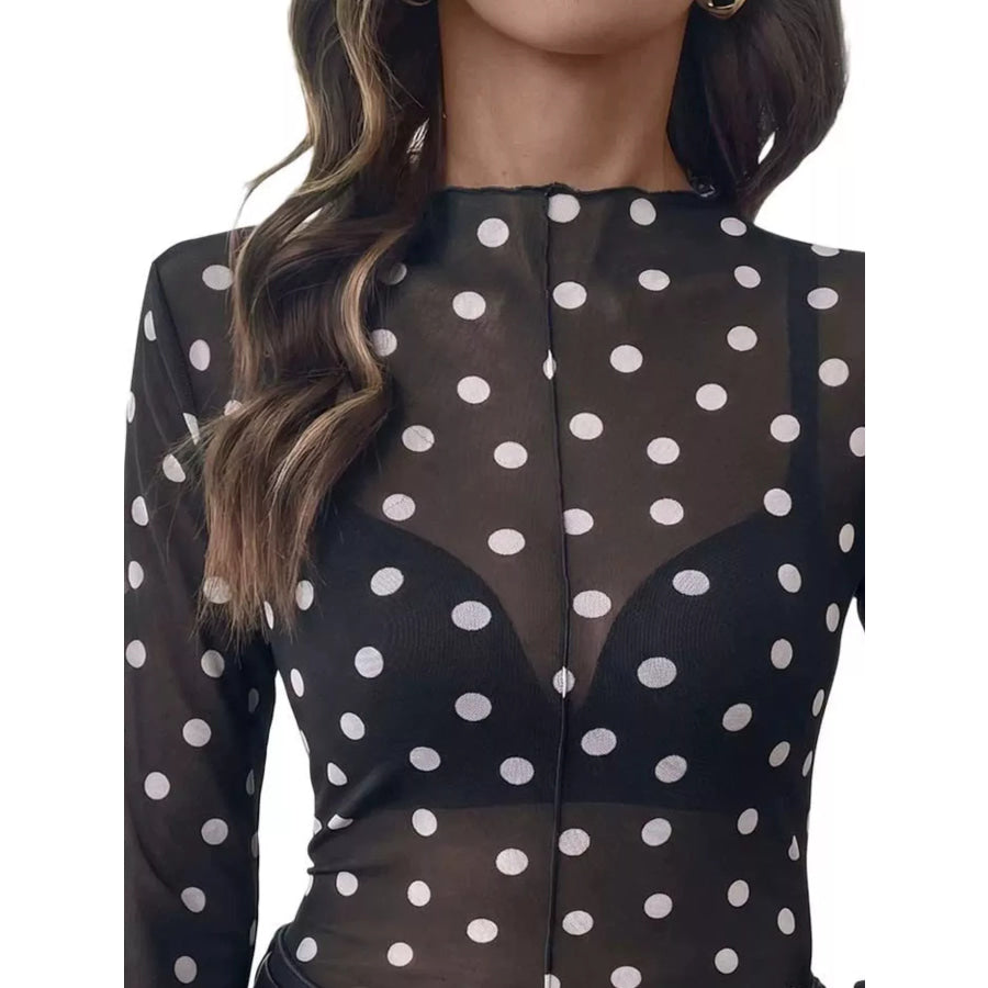 Sheer Polka Dot Long Sleeve Mock Neck Top Black / S Apparel and Accessories