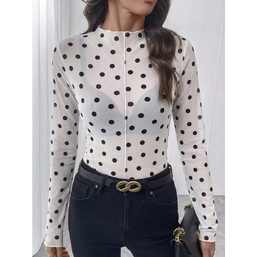 Sheer Polka Dot Long Sleeve Mock Neck Top Apparel and Accessories