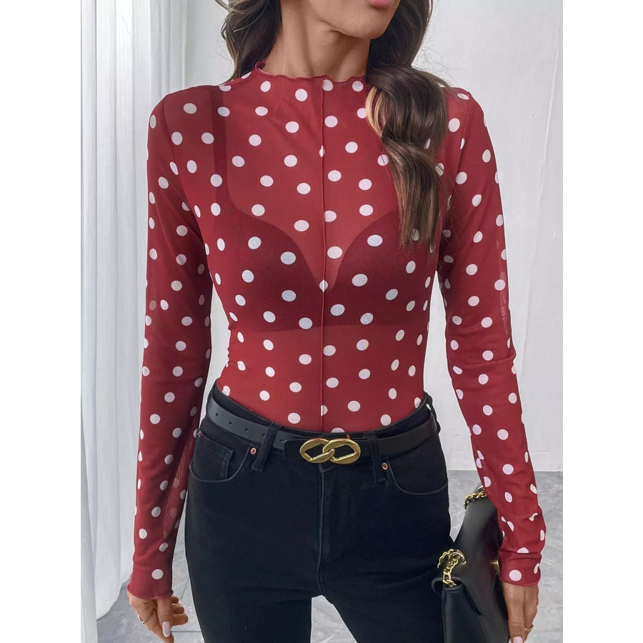 Sheer Polka Dot Long Sleeve Mock Neck Top Apparel and Accessories