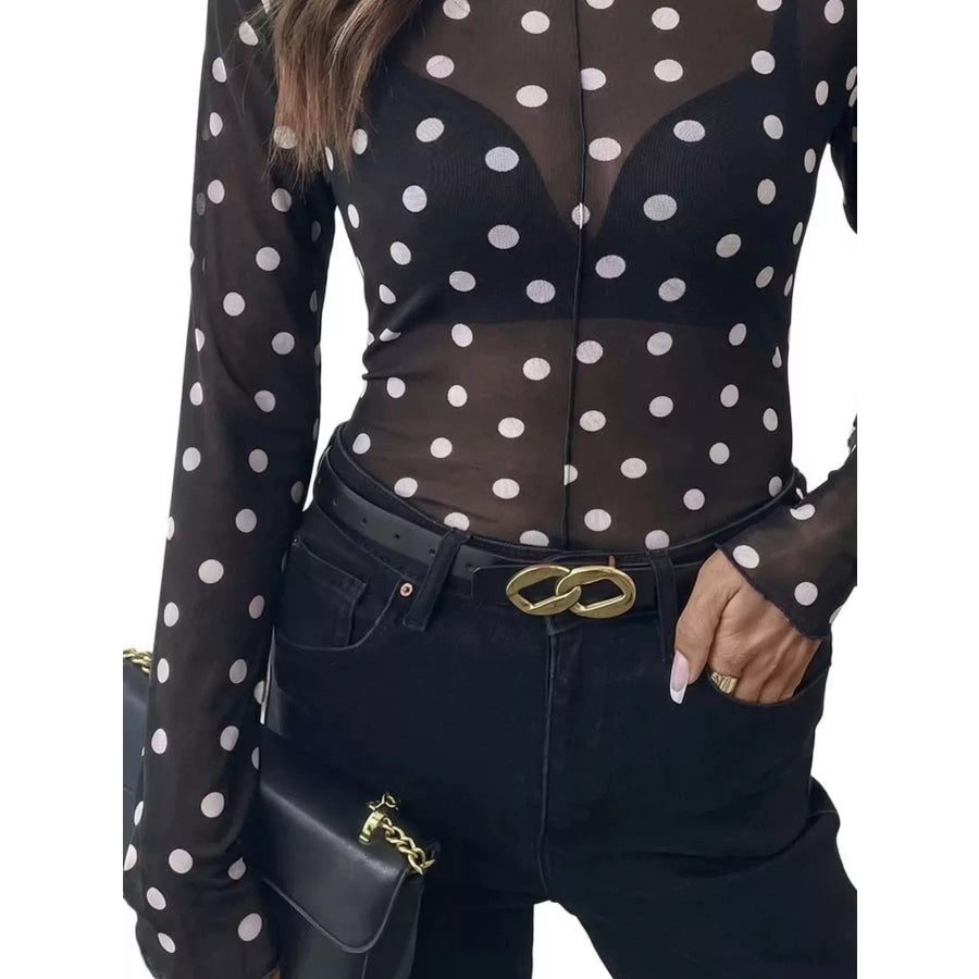 Sheer Polka Dot Long Sleeve Mock Neck Top Apparel and Accessories