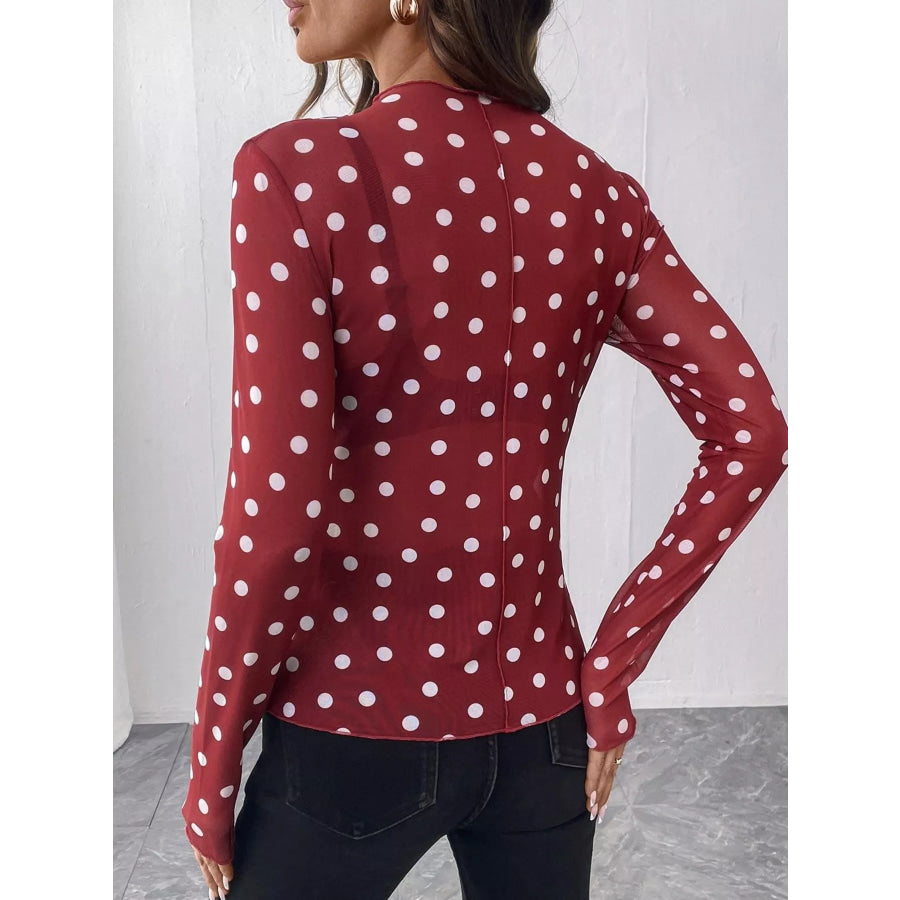 Sheer Polka Dot Long Sleeve Mock Neck Top Apparel and Accessories