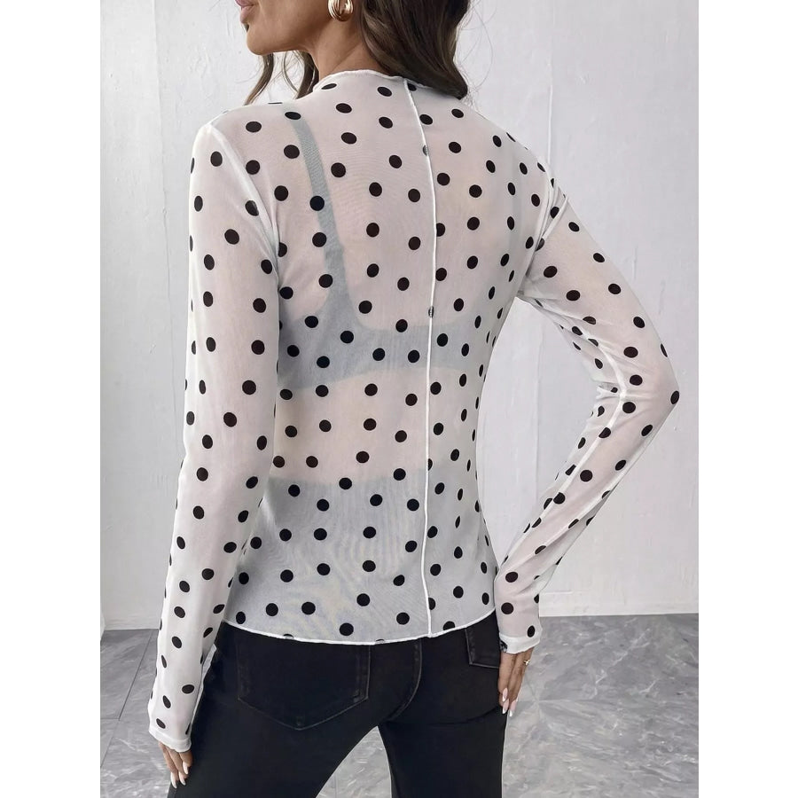 Sheer Polka Dot Long Sleeve Mock Neck Top Apparel and Accessories