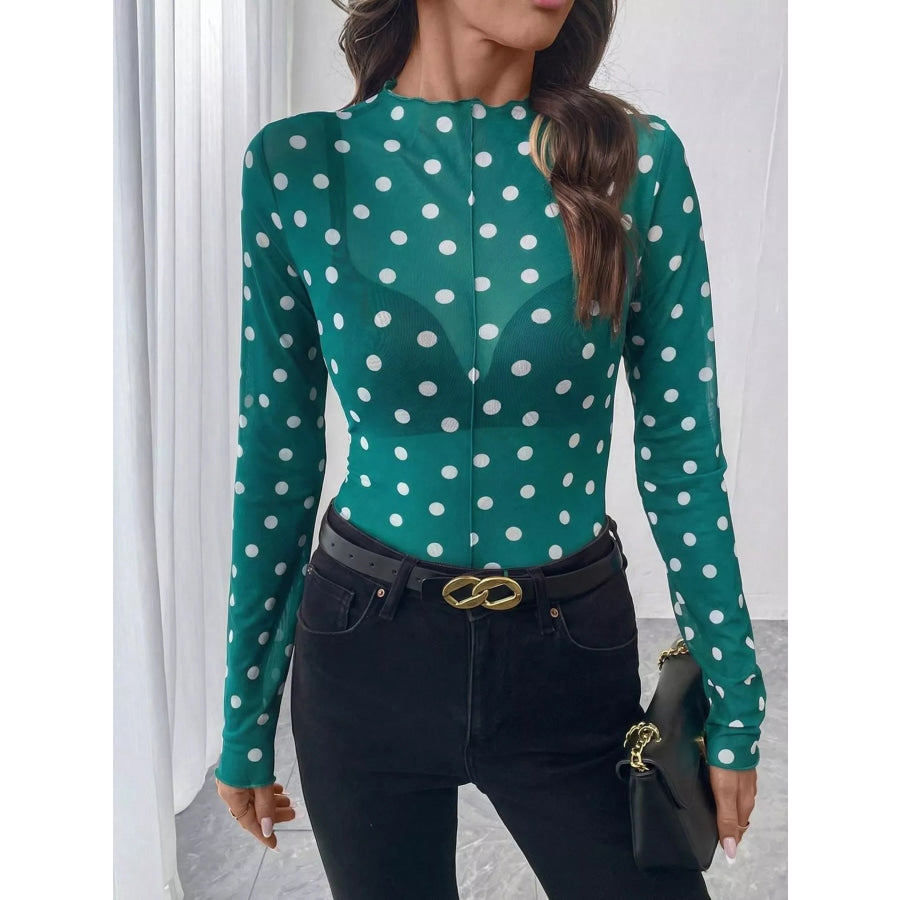 Sheer Polka Dot Long Sleeve Mock Neck Top Apparel and Accessories