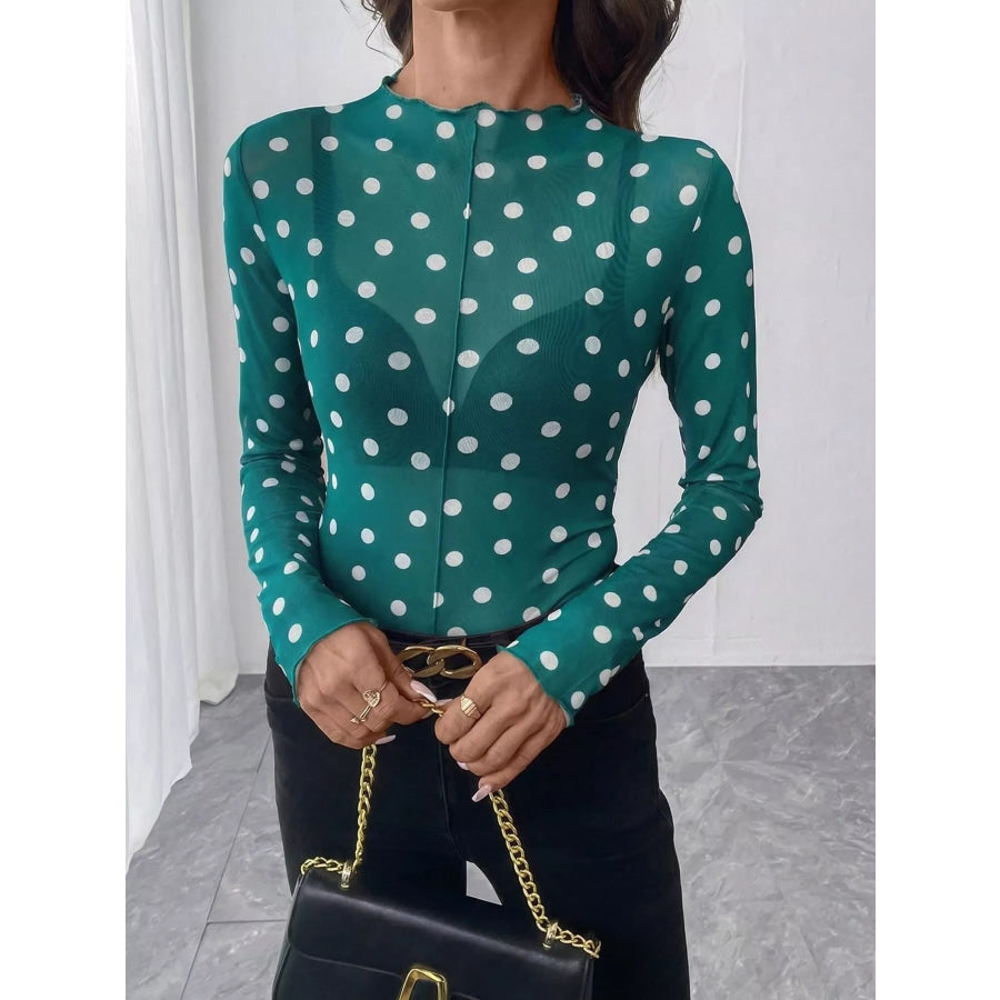 Sheer Polka Dot Long Sleeve Mock Neck Top Green / S Apparel and Accessories