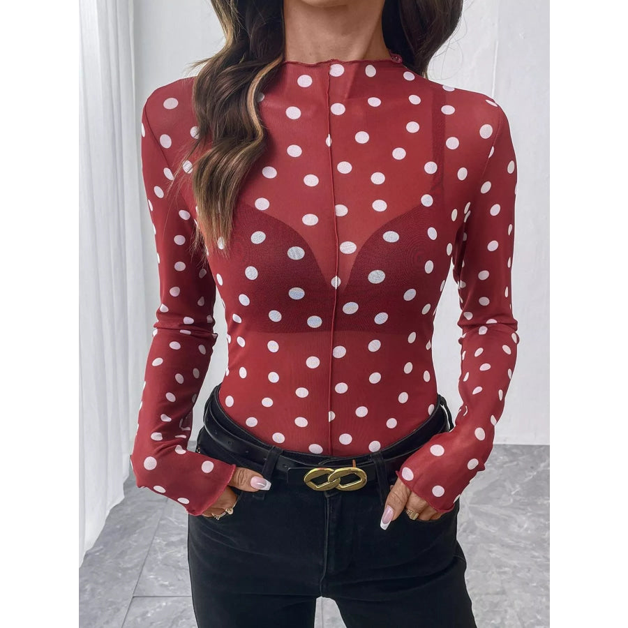 Sheer Polka Dot Long Sleeve Mock Neck Top Red / S Apparel and Accessories