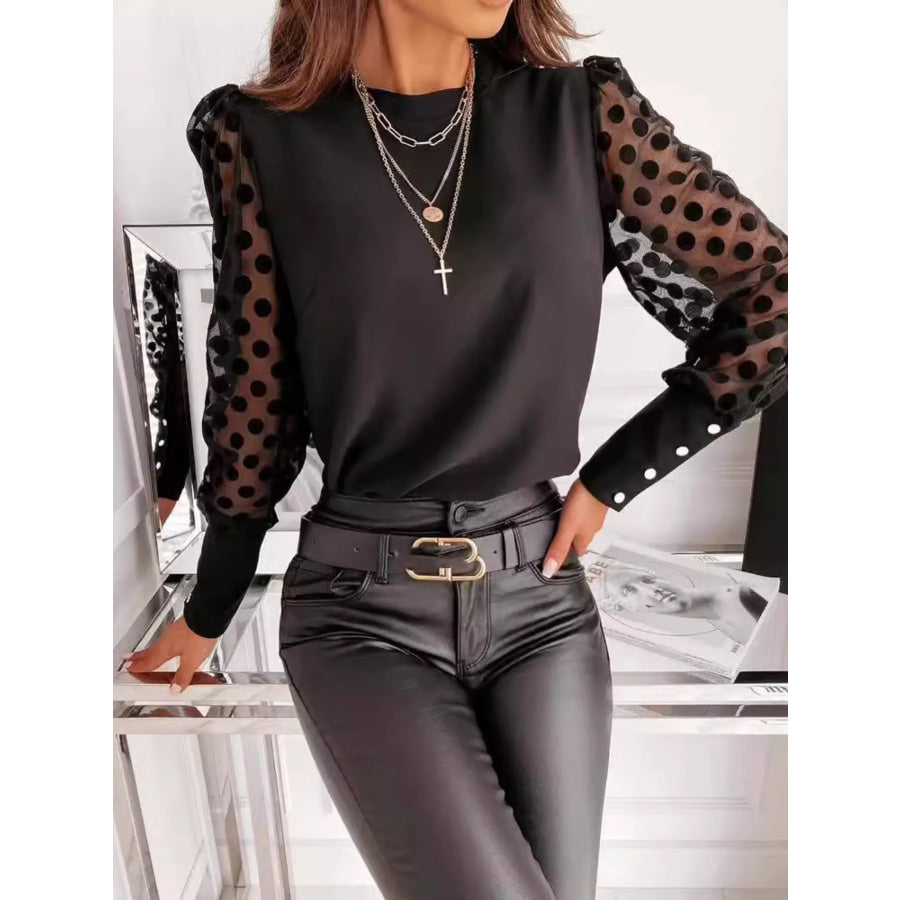 Sheer Polka Dot Sleeve Top Black / S Apparel and Accessories