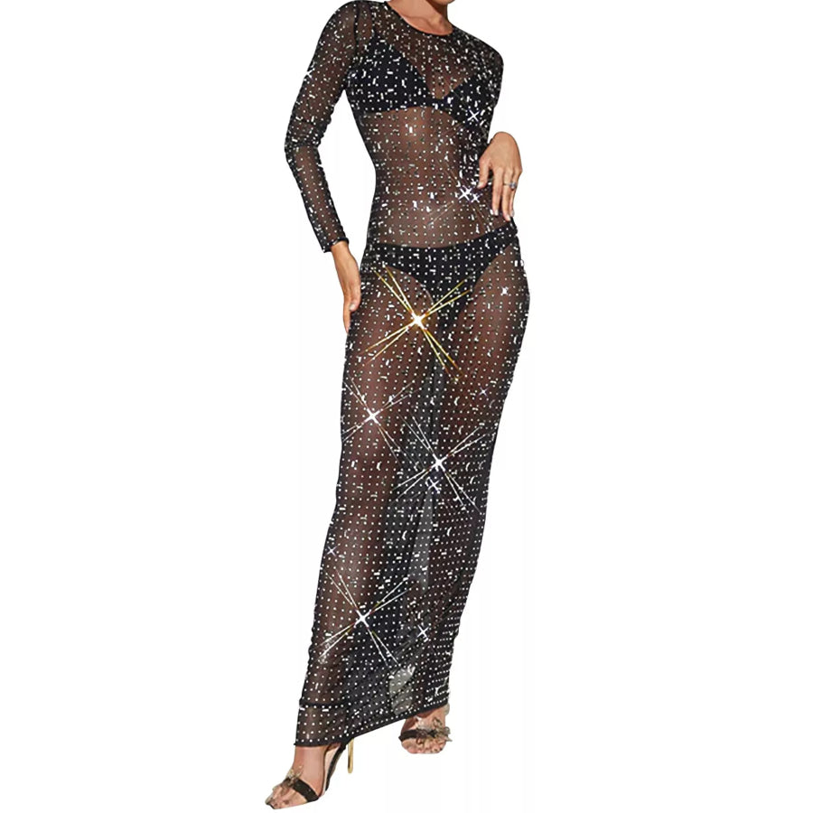 Sheer Rhinestone Embellished Long Sleeve Maxi Dress Apparel and Accessories