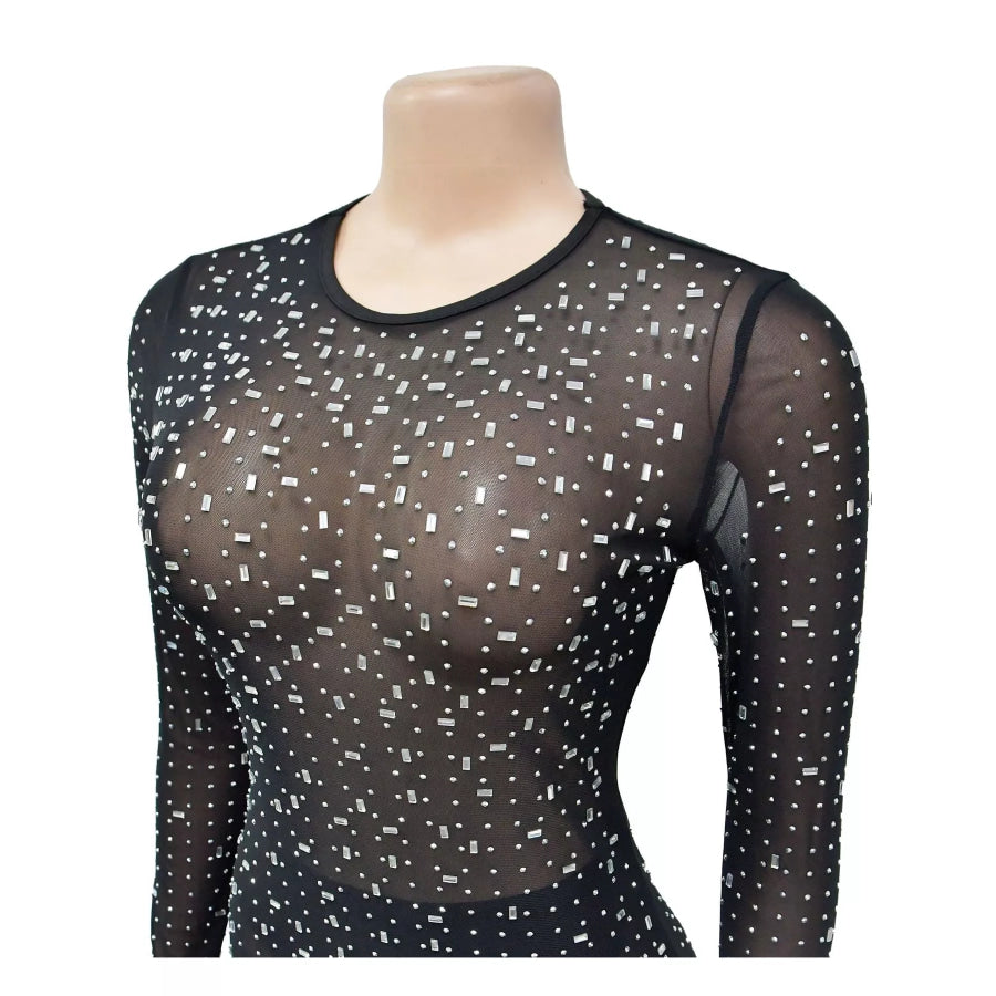 Sheer Rhinestone Embellished Long Sleeve Maxi Dress Apparel and Accessories