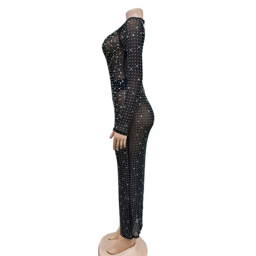Sheer Rhinestone Embellished Long Sleeve Maxi Dress Apparel and Accessories