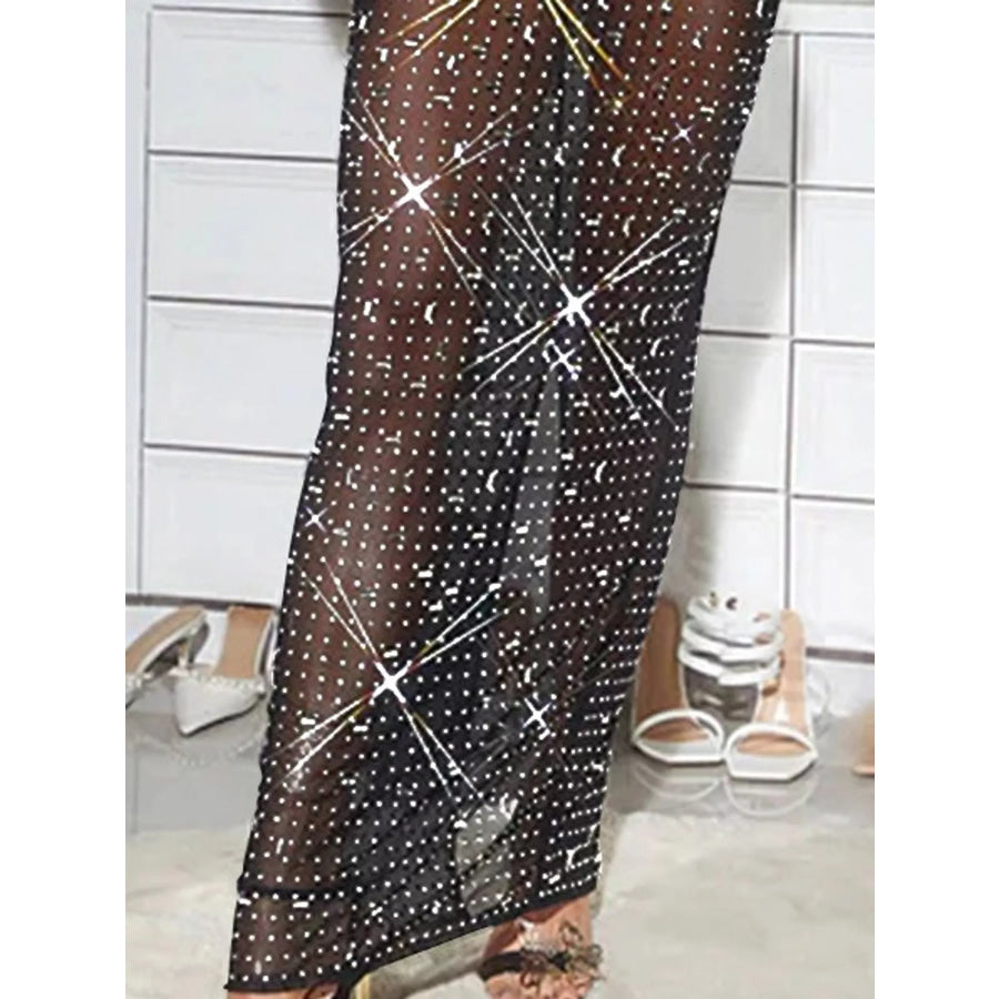 Sheer Rhinestone Embellished Long Sleeve Maxi Dress Apparel and Accessories