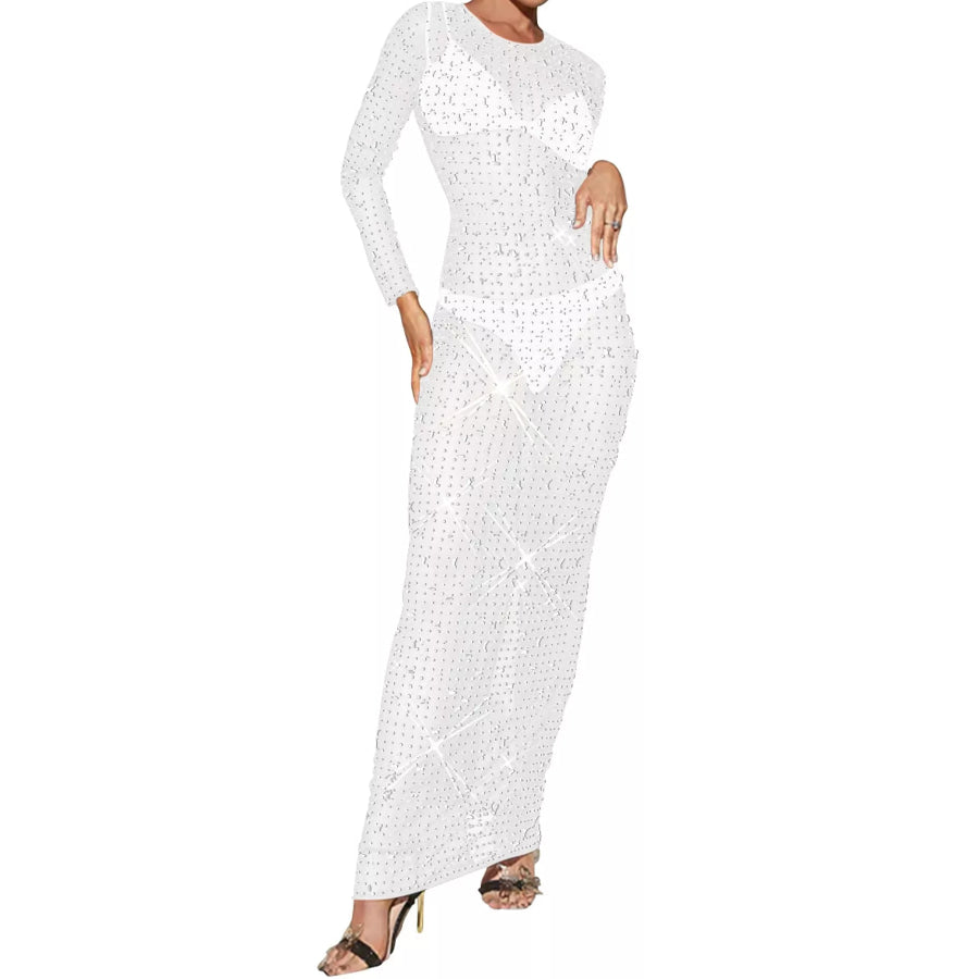 Sheer Rhinestone Embellished Long Sleeve Maxi Dress Apparel and Accessories