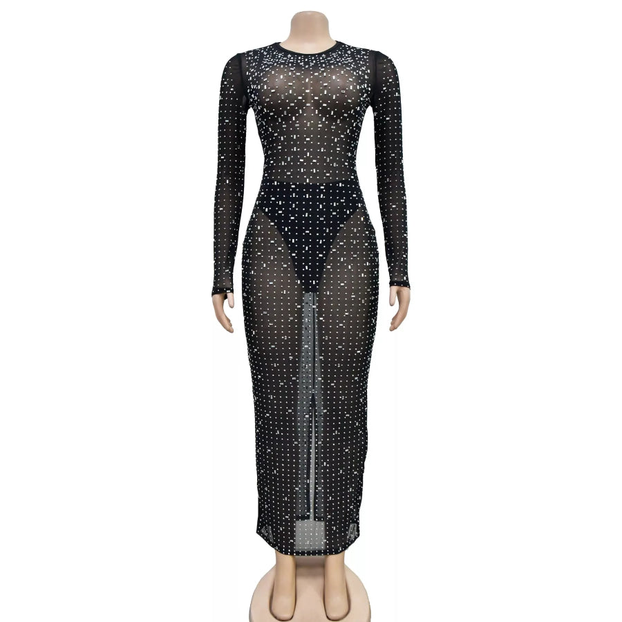 Sheer Rhinestone Embellished Long Sleeve Maxi Dress Apparel and Accessories