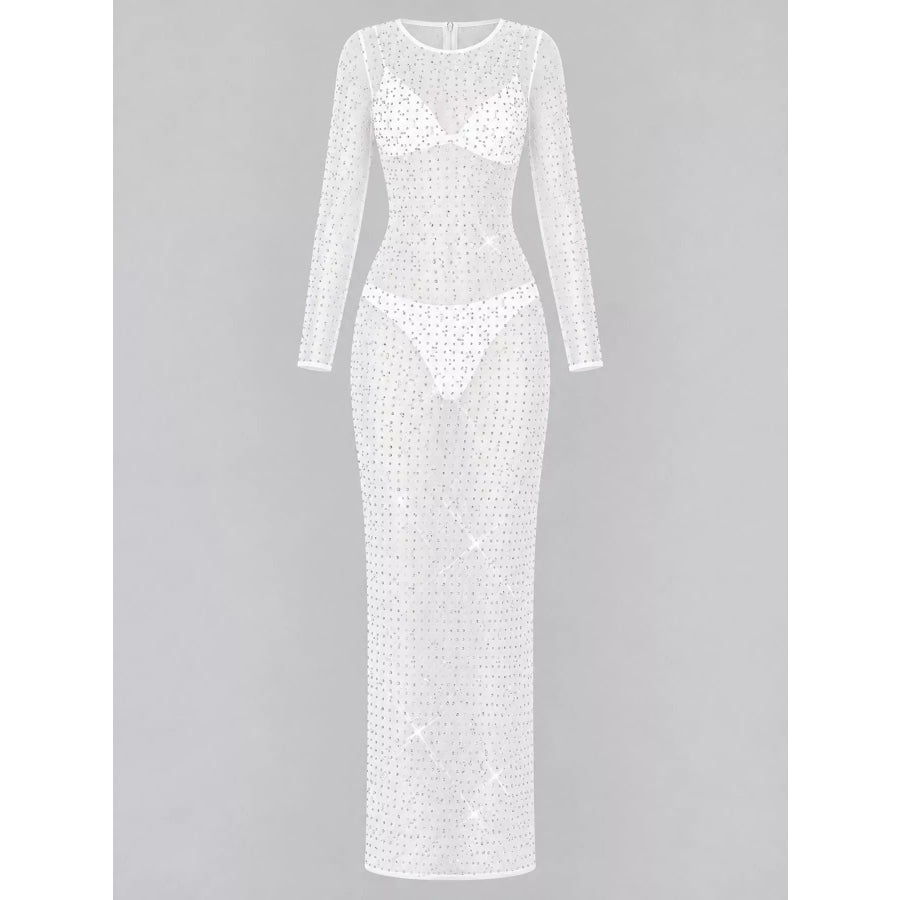Sheer Rhinestone Embellished Long Sleeve Maxi Dress Apparel and Accessories