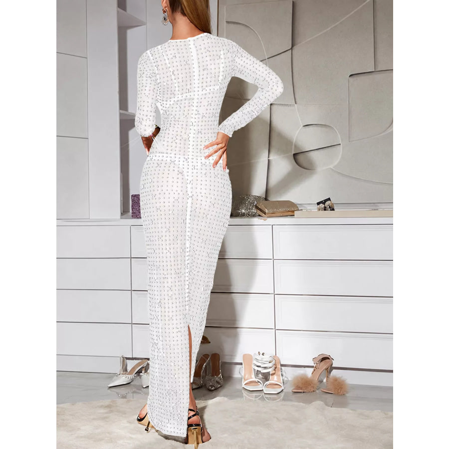 Sheer Rhinestone Embellished Long Sleeve Maxi Dress Apparel and Accessories