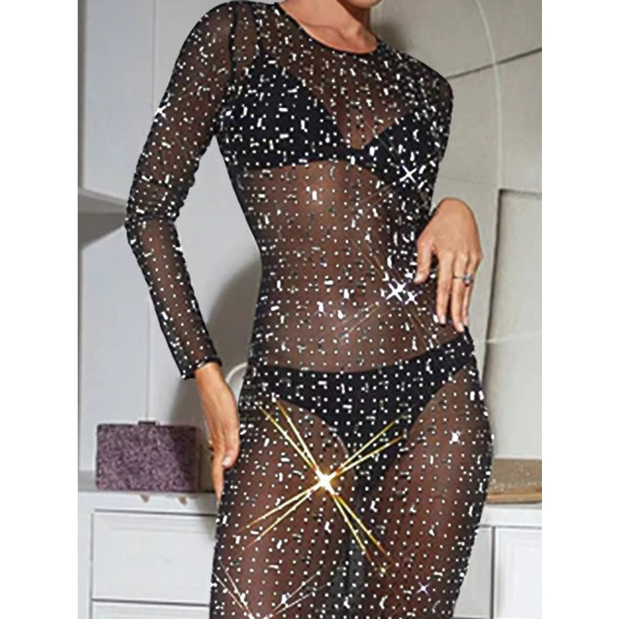 Sheer Rhinestone Embellished Long Sleeve Maxi Dress Apparel and Accessories