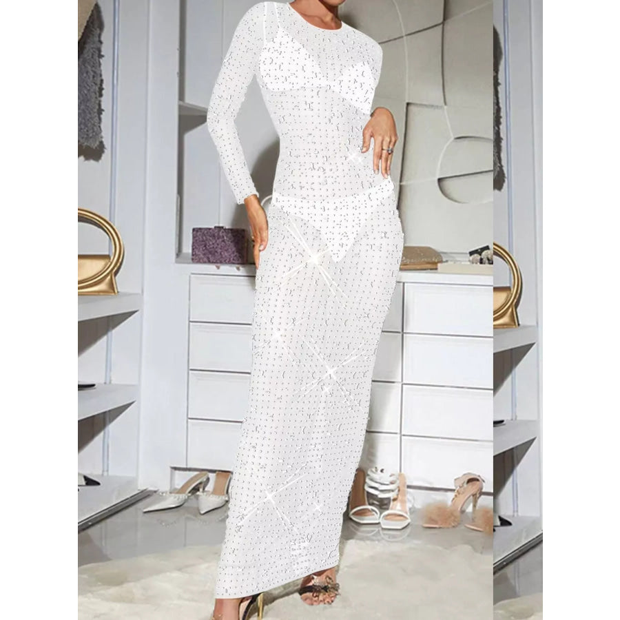 Sheer Rhinestone Embellished Long Sleeve Maxi Dress White-C6505 / S Apparel and Accessories