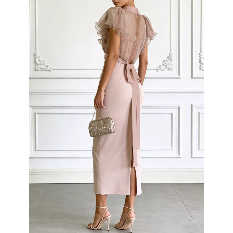 Sheer Ruffle Sleeve Midi Dress Pink / S Apparel and Accessories