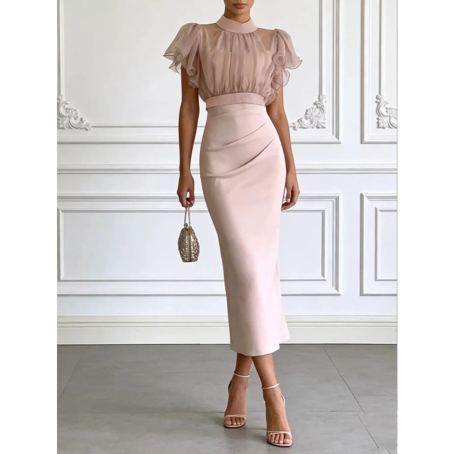 Sheer Ruffle Sleeve Midi Dress Pink / S Apparel and Accessories