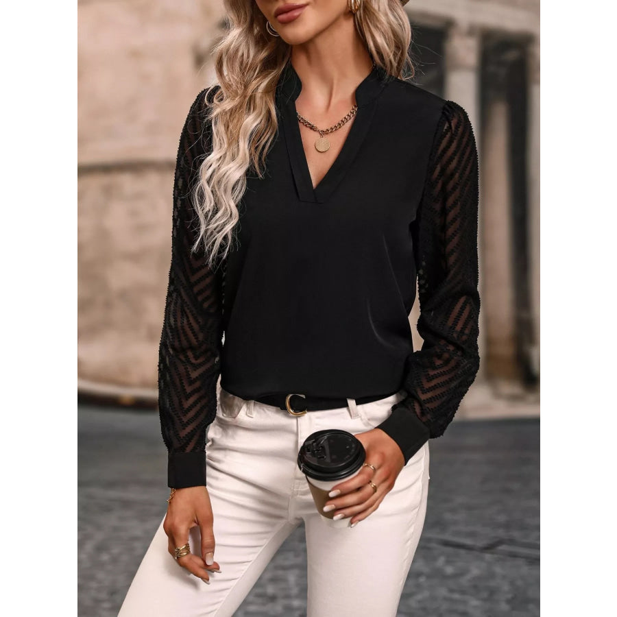 Sheer Sleeve V-Neck Blouse Apparel and Accessories
