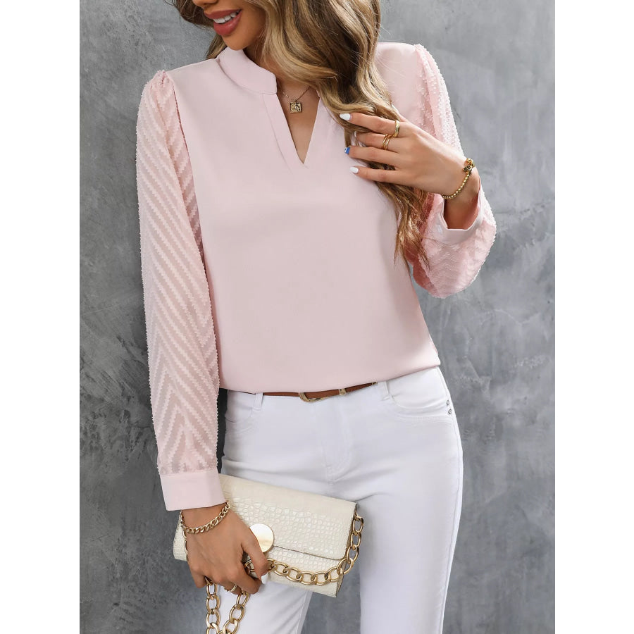 Sheer Sleeve V-Neck Blouse Apparel and Accessories