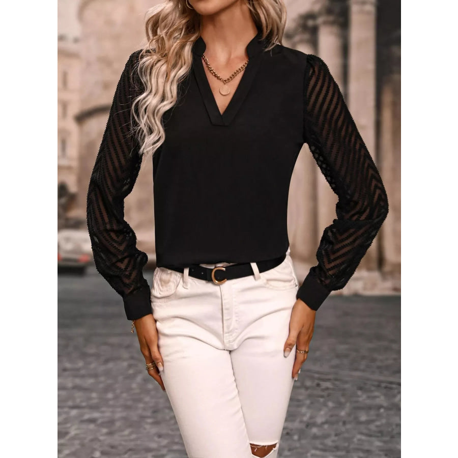 Sheer Sleeve V-Neck Blouse Apparel and Accessories