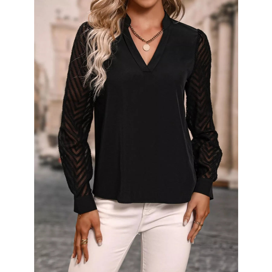 Sheer Sleeve V-Neck Blouse Apparel and Accessories