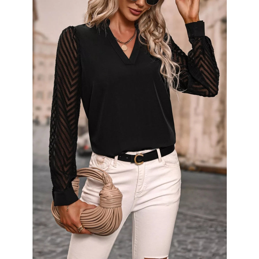 Sheer Sleeve V-Neck Blouse Black / S Apparel and Accessories