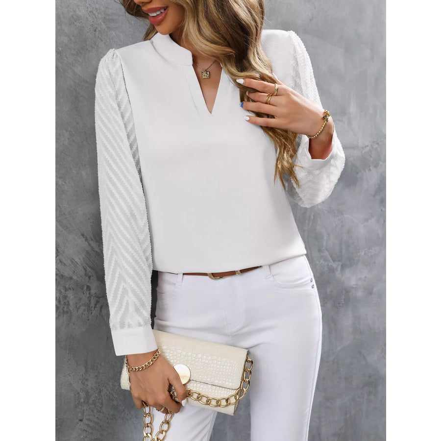 Sheer Sleeve V-Neck Blouse White / S Apparel and Accessories