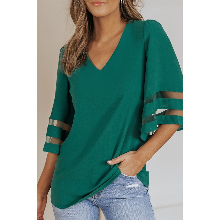 Sheer Striped Flare Sleeve V-Neck Blouse Green / S