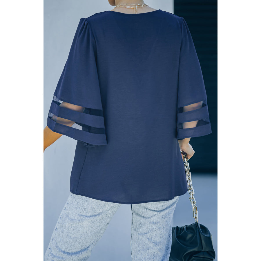 Sheer Striped Flare Sleeve V-Neck Blouse Peacock Blue / S