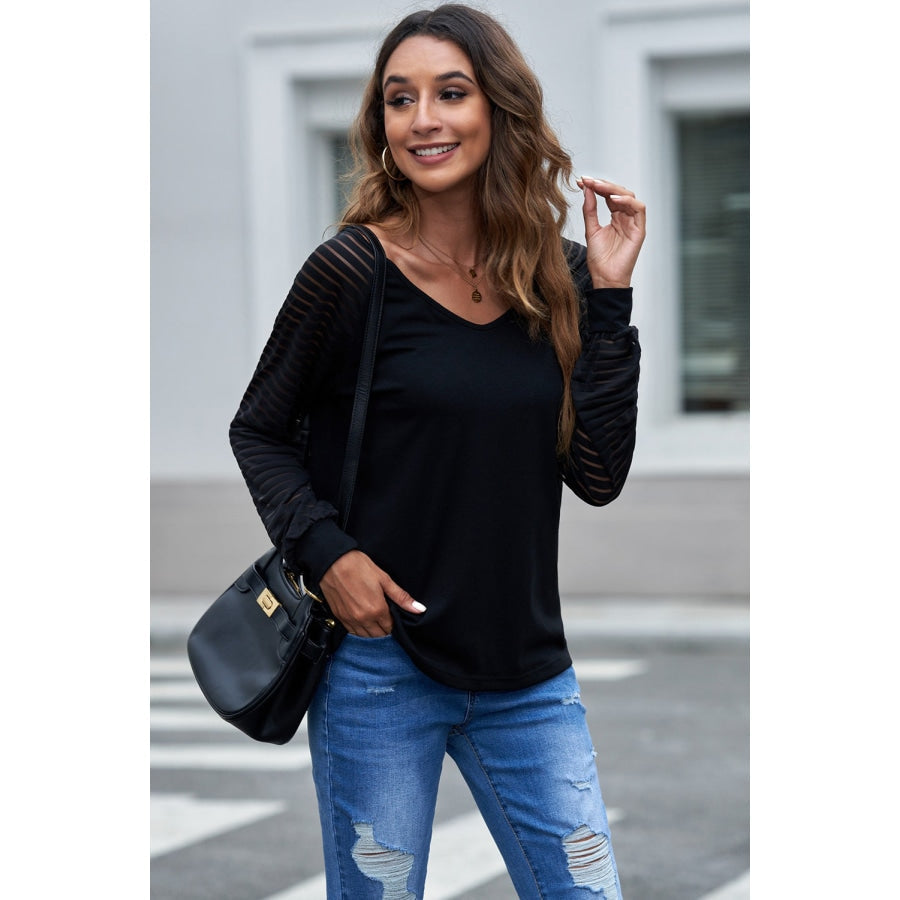 Sheer Striped V-Neck Top Black / S