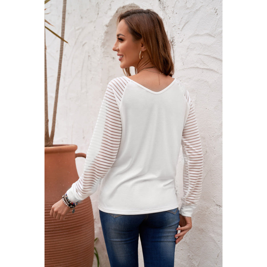 Sheer Striped V-Neck Top White / S