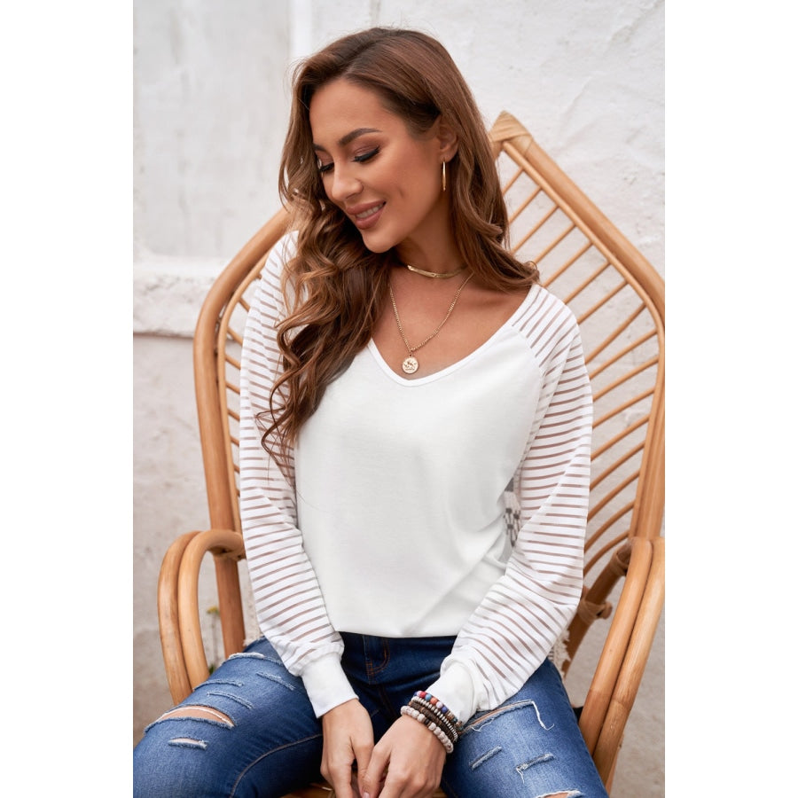 Sheer Striped V-Neck Top White / S