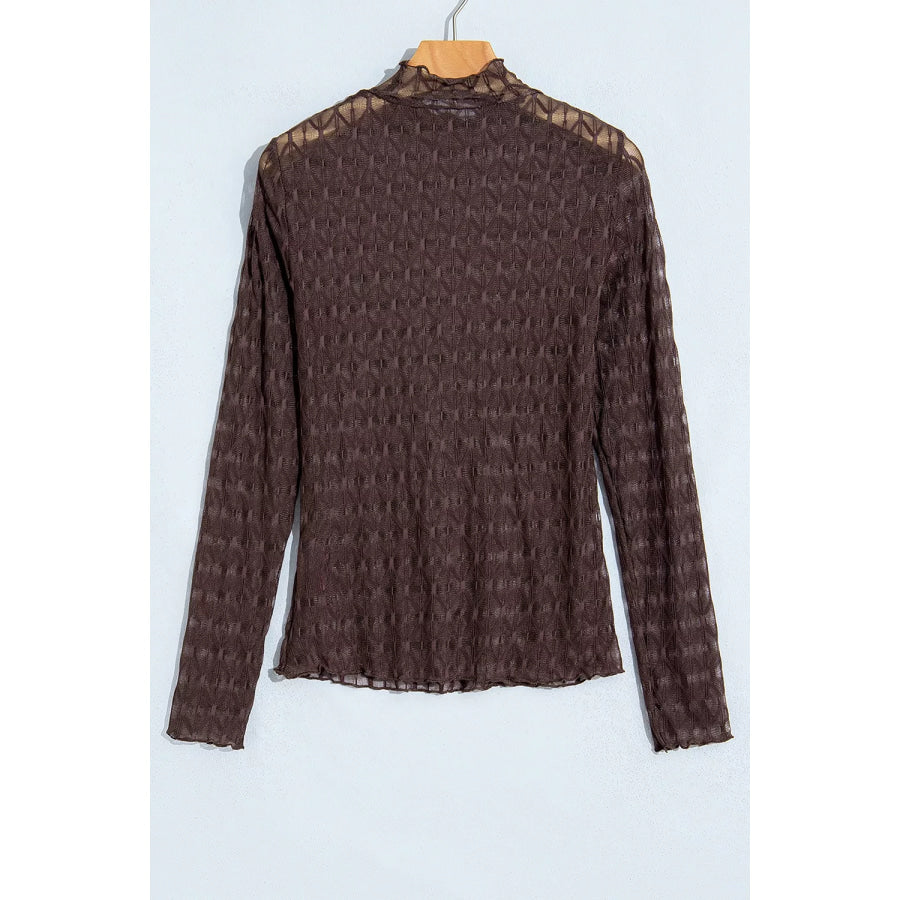 Sheer Textured Lace Stand Neck Long Sleeve Top Apparel and Accessories