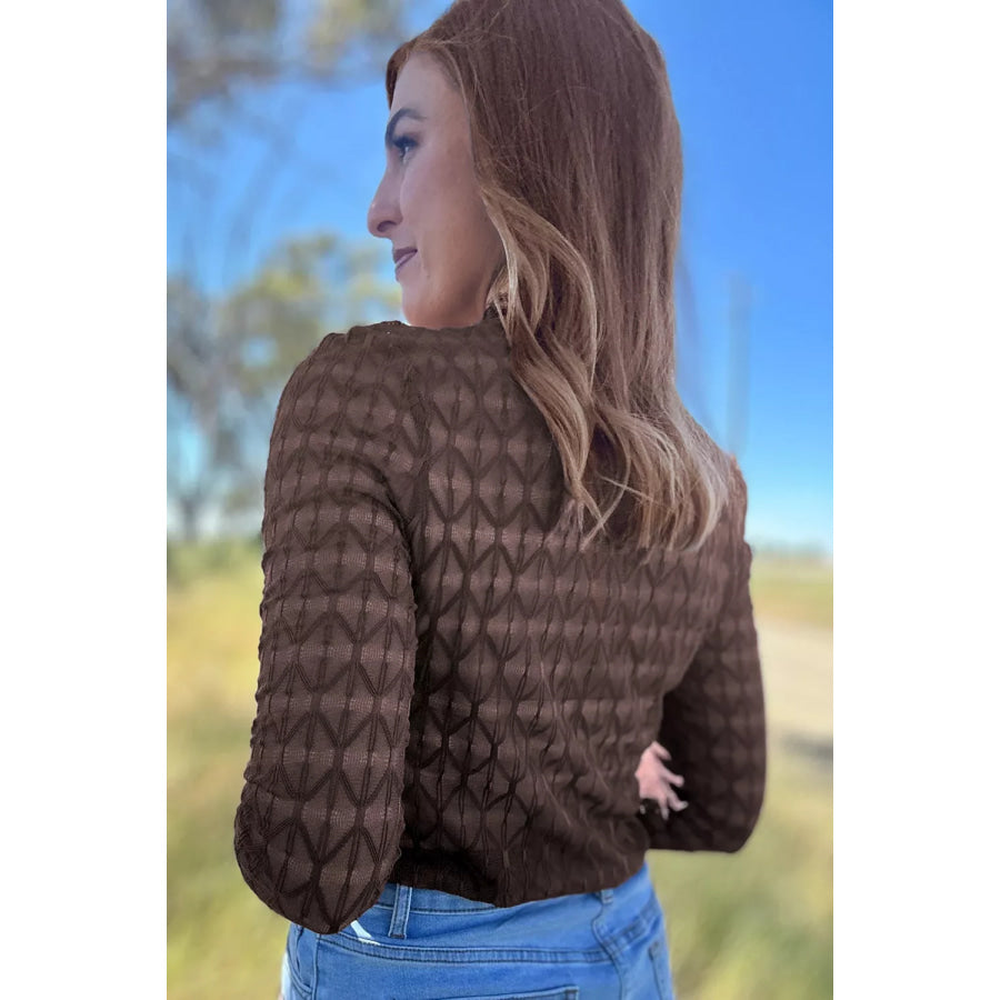 Sheer Textured Lace Stand Neck Long Sleeve Top Apparel and Accessories
