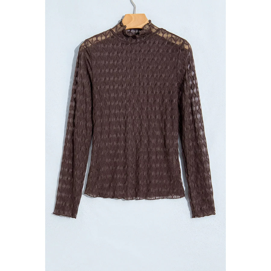 Sheer Textured Lace Stand Neck Long Sleeve Top Apparel and Accessories