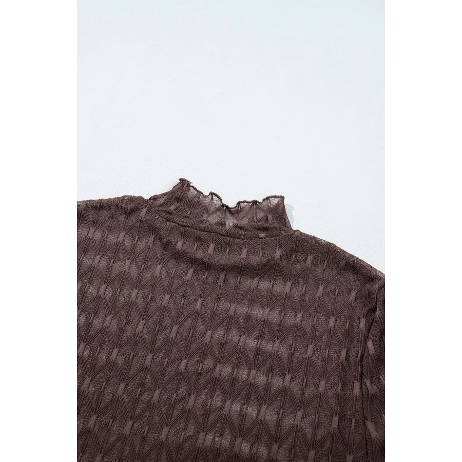 Sheer Textured Lace Stand Neck Long Sleeve Top Apparel and Accessories