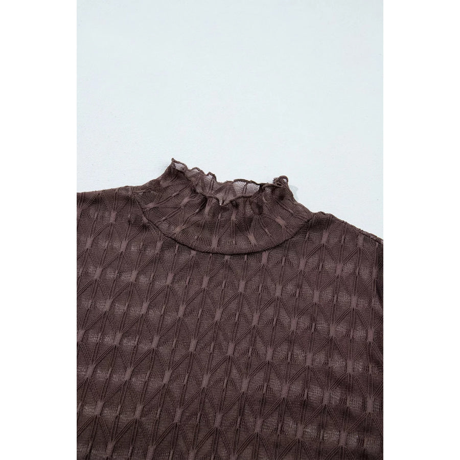 Sheer Textured Lace Stand Neck Long Sleeve Top Apparel and Accessories