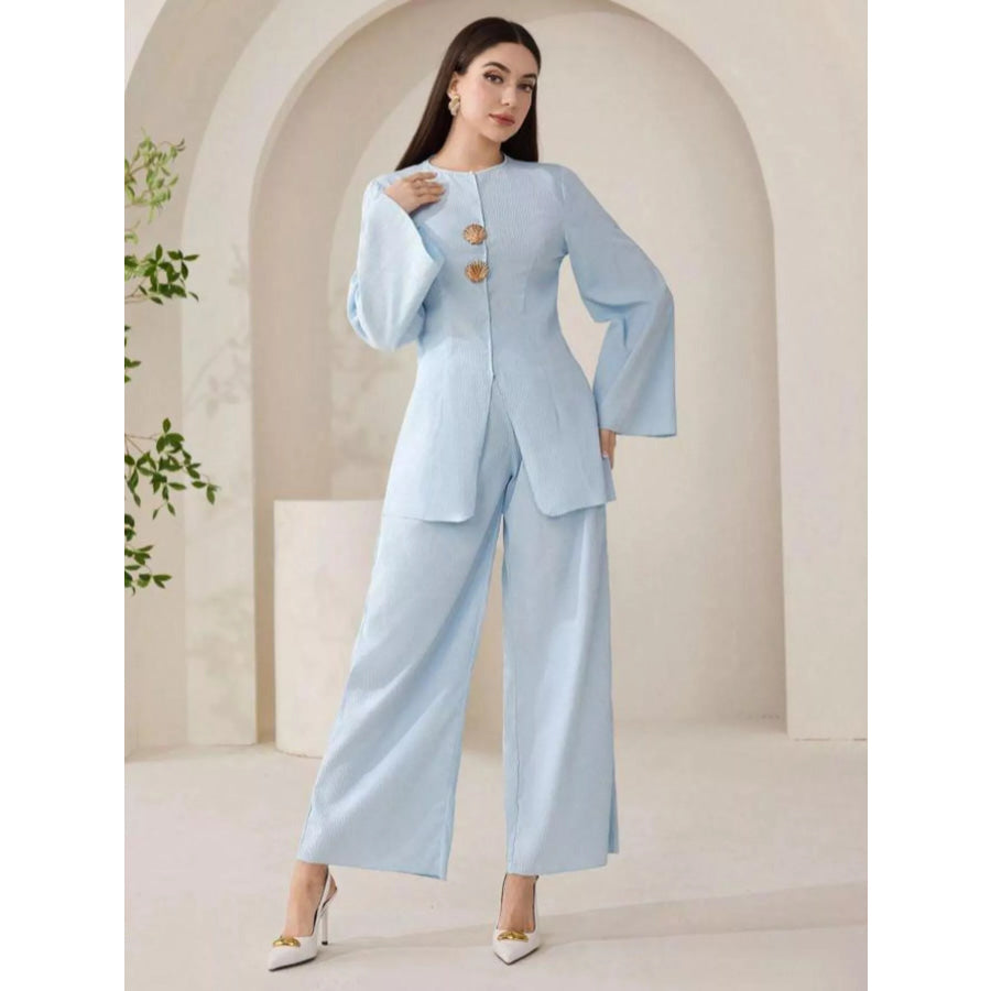 Shell Button Long Sleeve Shirt and Pants Set Apparel and Accessories