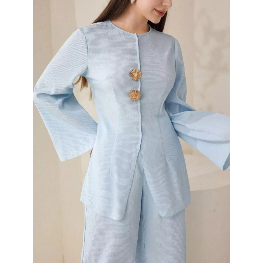 Shell Button Long Sleeve Shirt and Pants Set Apparel and Accessories